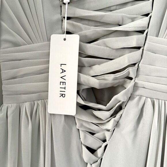Lavetir Silver Chiffon V-Neck Long Formal A-Line Dress Lace Up Back Size Small - Picture 13 of 14